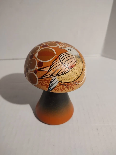 Vintage 5" Mushroom Figurine, Polymer Clay Piegin Mexico Hand Painted Bird Art