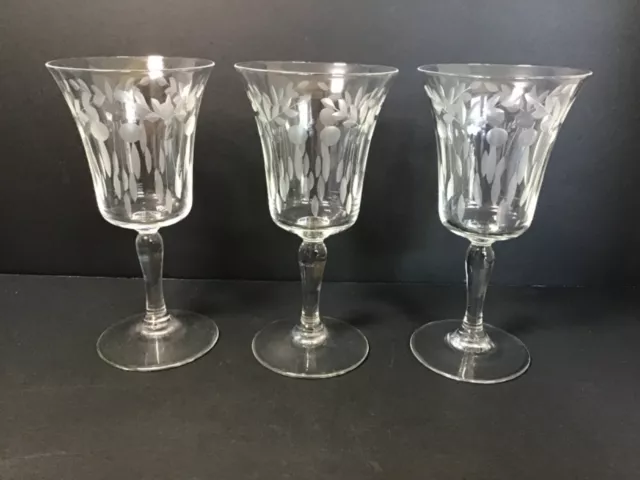 Crystal Etched Water Goblets/Wine Glasses 7” Tall Set of 3