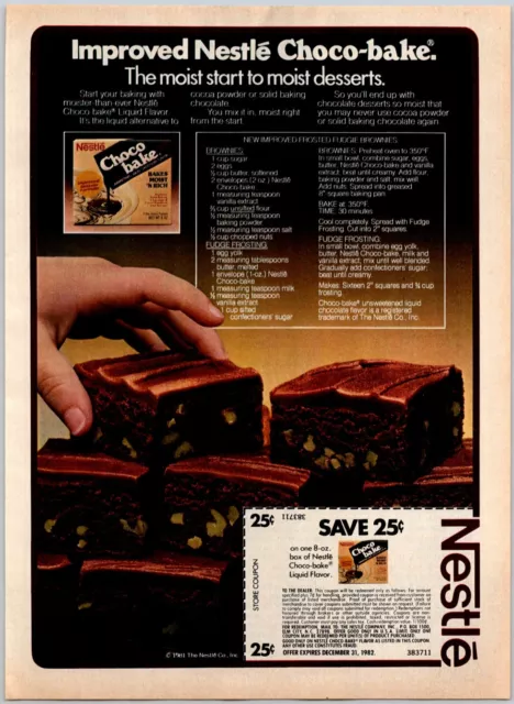 PRINT AD 1981 Nestle Choco Bake Liquid Chocolate Flavor Brownies Vtg Coupon 8x11