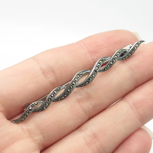 925 Sterling Silver Vintage Real Marcasite Gem Twisted Pin Brooch