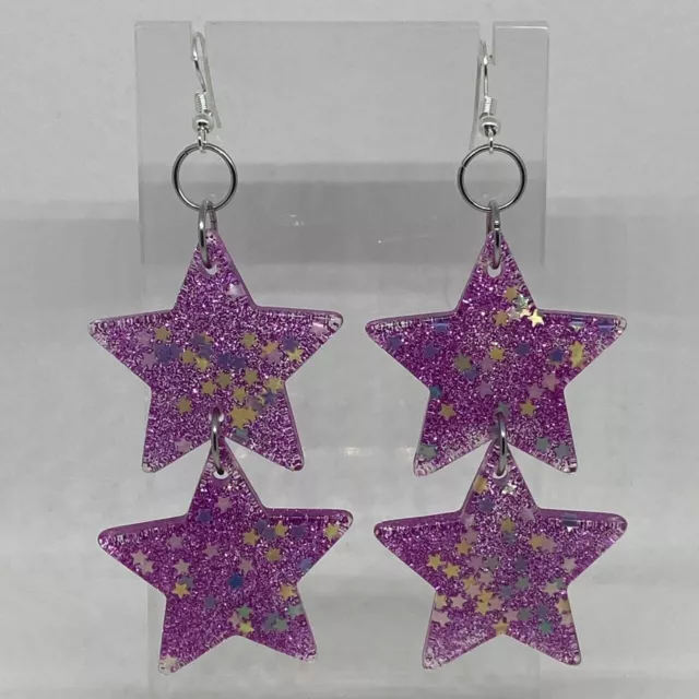 Large double Star earrings , Glitter and Resin Kitsch Fun 10 cm Long Amelia 3