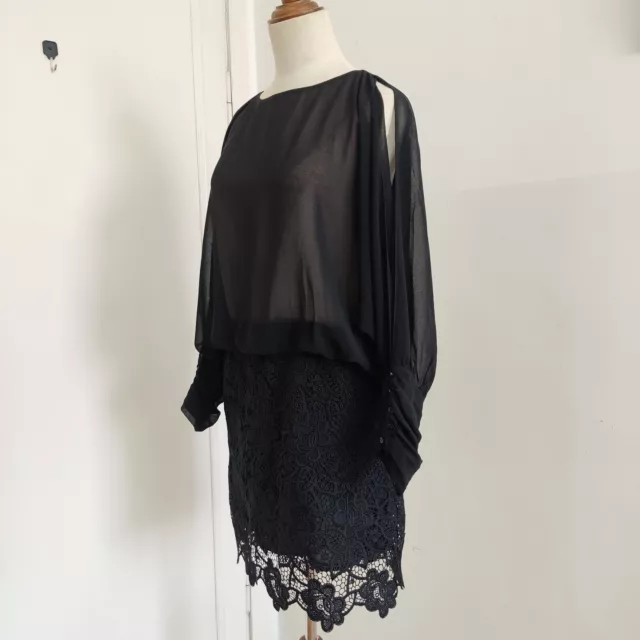 Stella McCartney BLACK Silk Chiffon Cold Shoulder Blouson Dress Crochet size 40