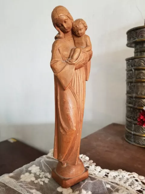 Vintage Hand Carved Wood Carving Virgin Mary Baby Jesus Figurine Fusek's