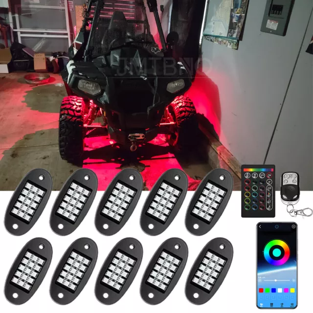 10Pod RGB LED Rock Light Bluetooth Underglow Lamp for CAN AM POLARIS RZR ATV UTV