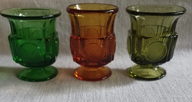 3 Fostoria Green & Amber Glass Lot  Coin  Footed  Cigarette Urn Toothpick Holder