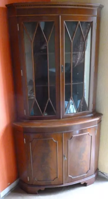 Tall Corner Double Glass Door Mahogany Finish Display Cabinet