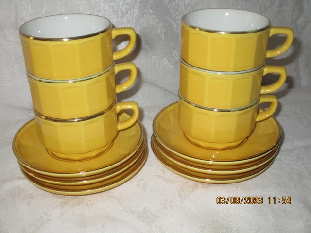 6 Belles Tasses APILCO DESHOULIERES  style Bistrot Jaune filet doré -empilables