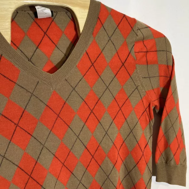 J Crew Sweater Womens XL Merino Wool Pullover V-Neck Argyle Orange Brown