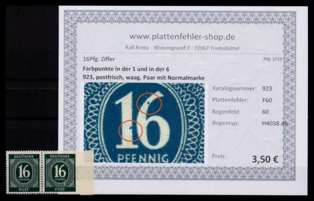 KONTROLLRAT 1946 PLATTENFEHLER Nr 923 F60 postfrisch (206348)