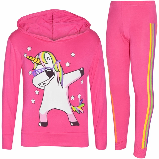 Kids Girls Tracksuit Unicorn Rainbow Dab Floss Pink Top Legging Xmas Set 7-13 Yr