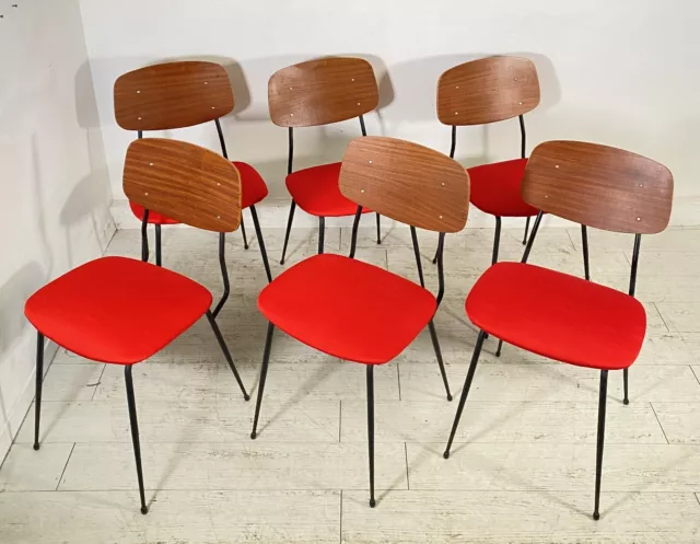 Set 6 Sedia Design Vintage Ferro Legno Stoffa Rossa Chair Anni 60/70 Salotto Old