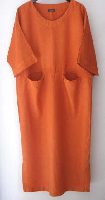 ELEMENTE CLEMENTE Sz 3 HEAVY LINEN ORANGE MAXI DRESS LAGENLOOK SLIP POCKETS