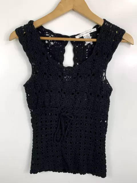 Diane Von Furstenberg Women's Sweater Medium Solid Black Pullover Crochet Open