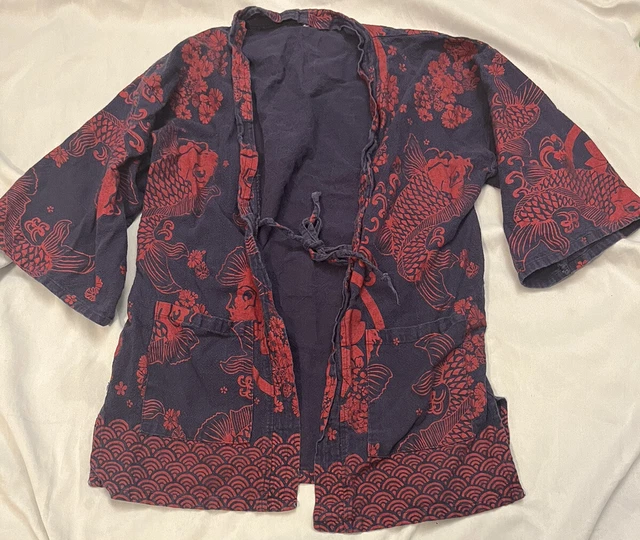 vintage women’s japanese kimono Haori shirt xl Fish Flowers Floral Japan