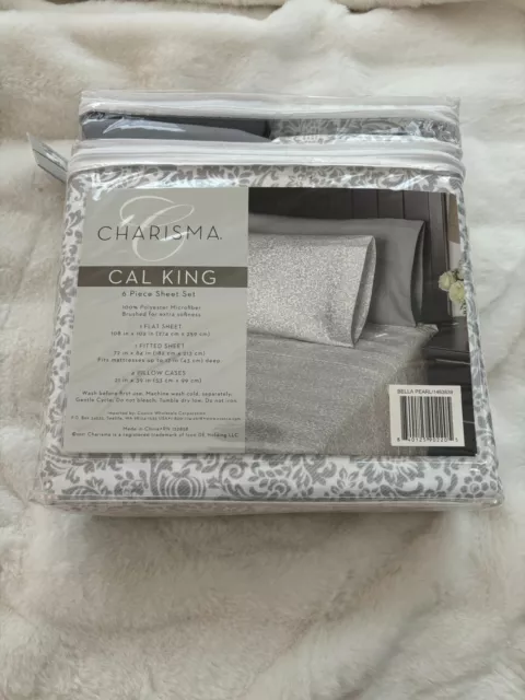 CHARISMA 6-Piece MICROFIBER Bed Sheet Set/ Bella Pearl Design/Cal King/ NWT