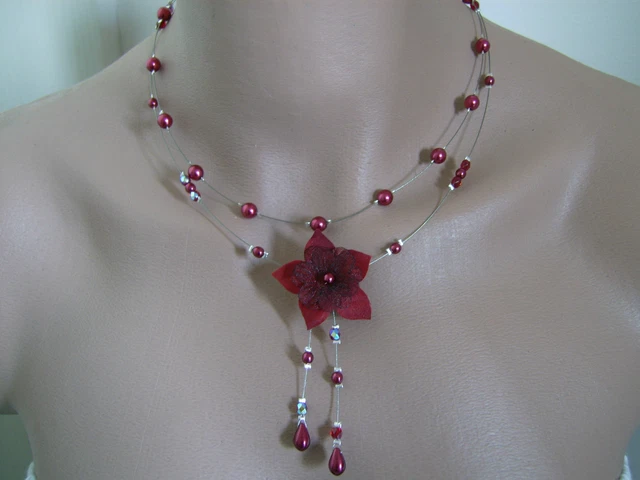 Collier De Perles Rouge Bordeaux Cristal - Pour Robe De Mariée, Soirée, Bijou Fantaisie Pas Cher