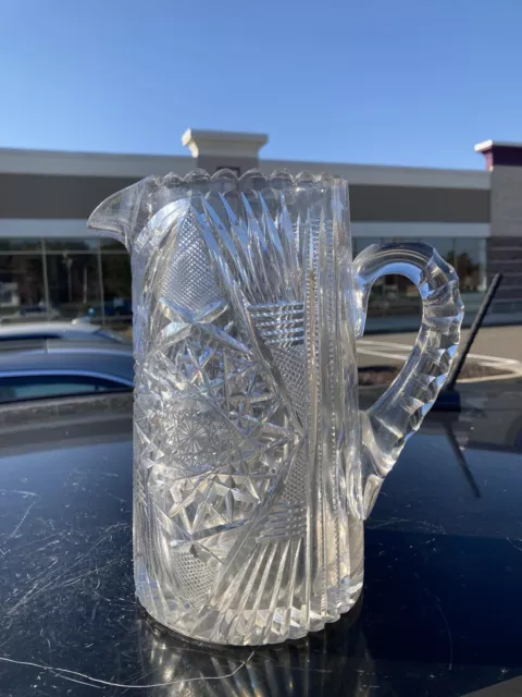 American Brilliant Period ABP Cut Crystal Pitcher Jug Tankard  Deep Miter Cut