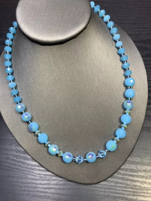 18” Inch Baby Blue Aurora Borealis Crystal Crystal Beaded Necklace Rhinestone