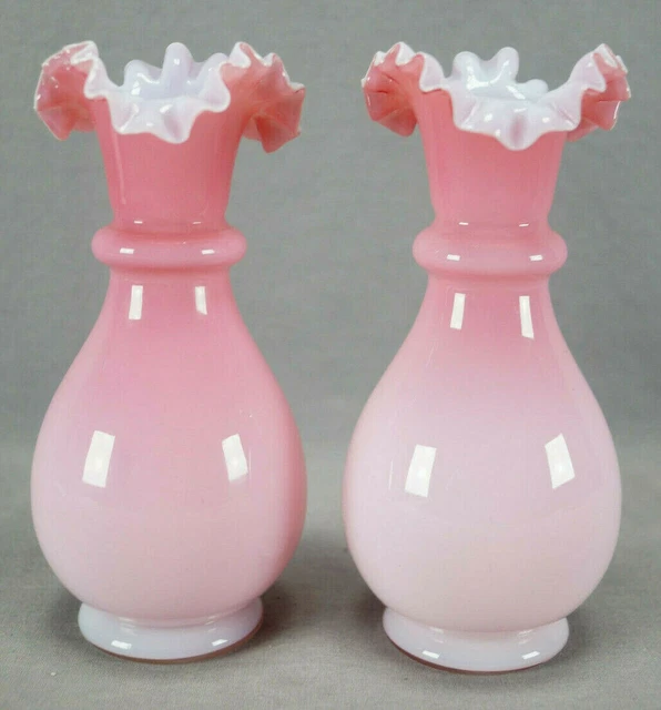 Pair of Victorian Pink Cased White Peach Blow Glass 6 3/4 Inch Ruffled Rim Vases