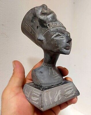 Egyptian Basalt Stone Hand Carved Vintage Queen Nefertiti Statue Figure Tall 6"