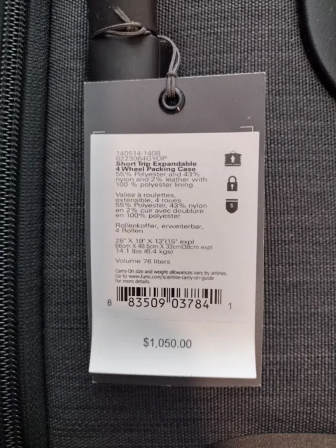 TUMI Alpha Short Trip Expandable 4 Wheeled Packing Case Luggage Suitcase $1195