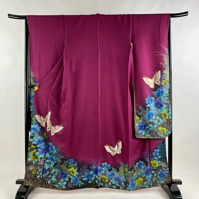 Japanese Kimono Furisode Pure Silk Flower Butterfly Purplish Red Color