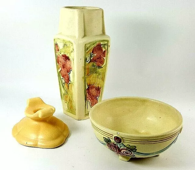 WELLER Art Deco ROMA VASE  Three Piece mixed Lot Candle Holder Sm Footed Bowl