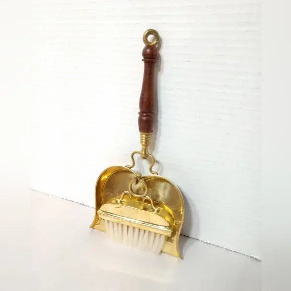Brass Crumb Catcher with Brush Sweeper Silent Butler Hangs on Wall Hand Held