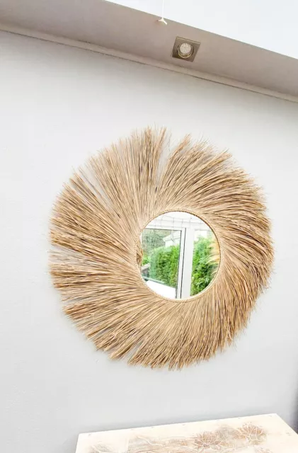 Espejo solar envolvente de hierba gigante hecho a mano 95 cm espejo de pared Rafia espejo boho