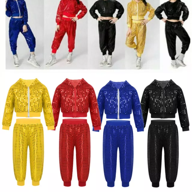 Kids Boys Girls Hip-hop Jazz Stage Costume Street Dance Shiny Sequins Outfit Set