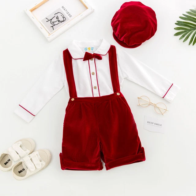 Baby Boys Gentleman Outfit Bowtie T-Shirt+Velvet Overalls+Hat Wedding Party Set