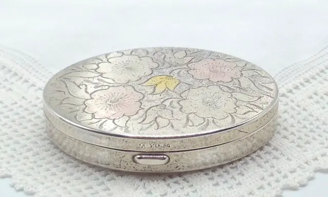 Vintage KK Sterling Silver 3" Oval Makeup Compact with Mirror & Screen No Puff