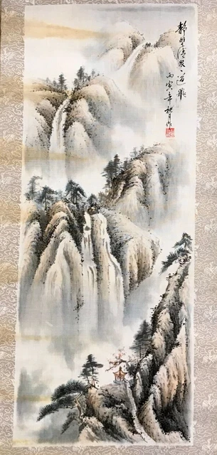 Antike chinesische Hängerolle mit Berglandschaft, Seidenmalerei, handbemalt