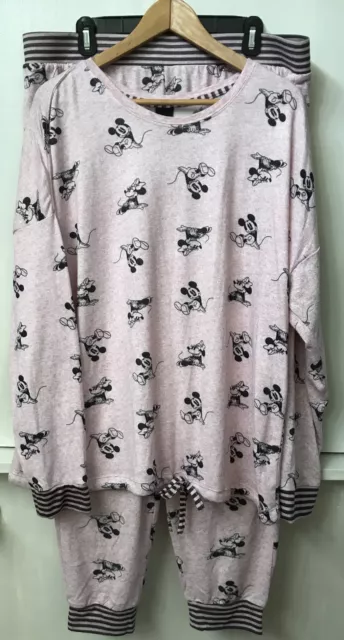 Disney Womens Pajama Set Long Sleeve Pink Mickey Minnie Cozy Sleepwear Size XL