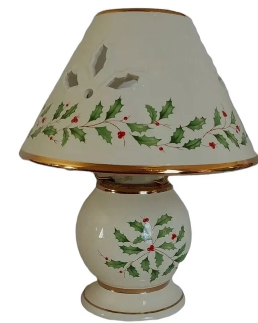 LENOX Holiday Candle Lamp with Shade Nouveau Gold Original Box 10" Holly Berries