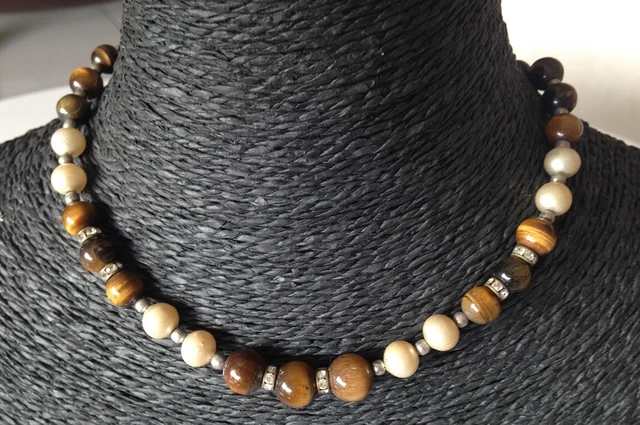 ANCIEN COLLIER FANTAISIE perles et boule oeil de tigre ras du cou EUR