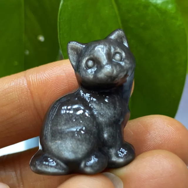 1"+Natural silver obsidian Quartz cat skull hand carved crystal reiki healing1PC