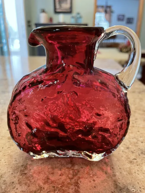 Vintage Cranberry Glass Pitcher With A Clear Applied Handle Marked R On Bottom