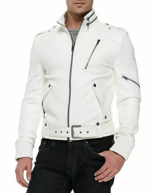 Uomo Moto Bianco Giacca IN Pelle Di Agnello Cappotto Giacca Giacche -MJ254