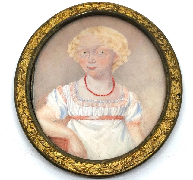 Antique Unique Portrait Miniature Painting Gilt Brass Frame Old 19th Century