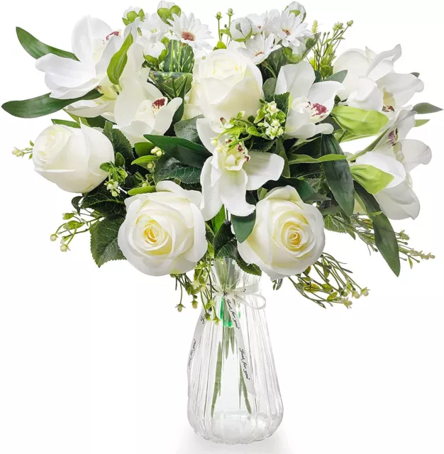 Artificial Silk Flowers Rose Daisy Orchid Arrangement & Vase - Wedding Bouquet