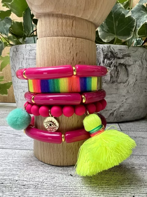 Fuchsia Whimsical Retro Stacked Bracelets -Colorful Statement Layered Bracelets