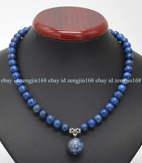 Natural 8mm Blue Lapis Lazuli Round Gemstone Beads Pendant Necklace 18" AAA+