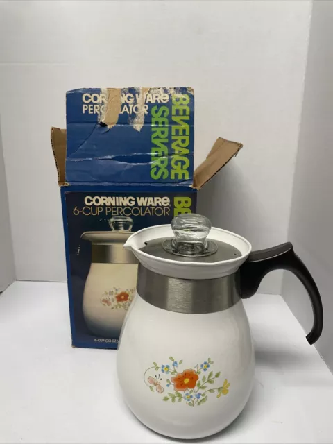 VTG Corning Ware WILDFLOWER 6 Cup Coffee Pot Percolator Glass Knob P-166-7 W Box