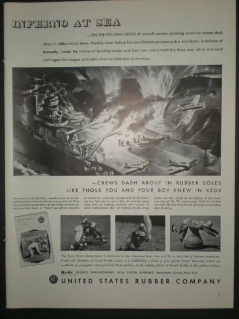 1942 INFERNO AT SEA AIRCRAFT CARRIER WWII KEDS vtg US RUBBER CO Trade print ad
