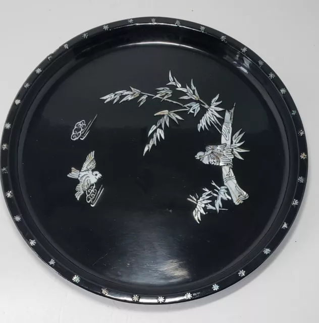 Mother of Pearl Inlaid Lacquered Tray Birds Branches Bamboo Vitg READ - 2 Chips