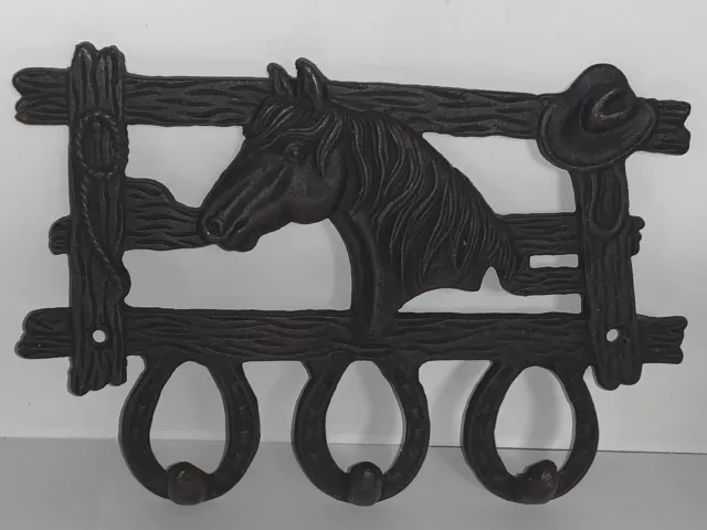 Rack Cast Iron Barn Horse Tack Wall Mount Coat Holder 9 3/8" Metal 3 Hooks Vntg