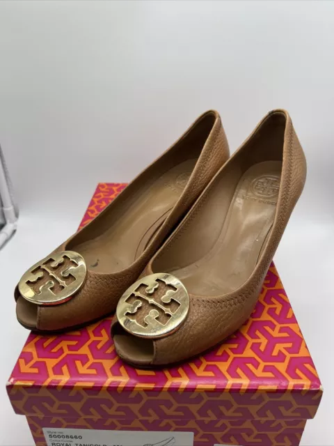 Tory Burch Sally 2 Royal Tan Gold Tumble Leather Peep Toe Wedge Shoes - Size 7