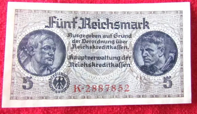 Nazi Germany 5 Reichsmark Note With Swastika Uncirculated