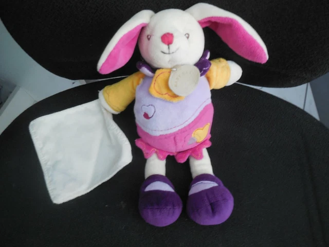 doudou peluche lapin rose mauve jaune coeur + mouchoir BABY NAT 26cm